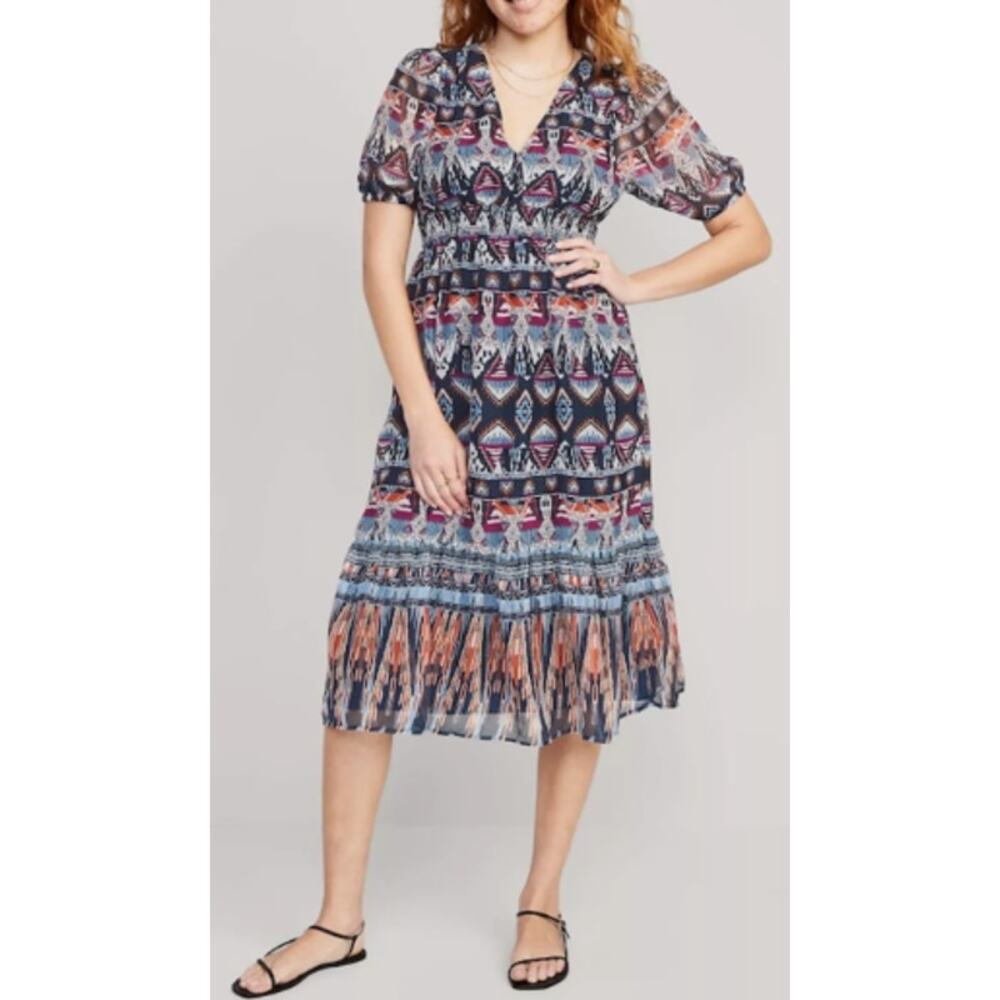 Old Navy A-Line Southwestern Midi Dress Tiered Womens Sz L Bubble Sleeve Smocked